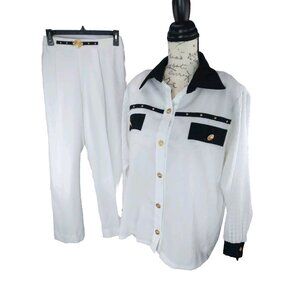Vtg. Jordana Petite USA Marine Chic Shirt Pant Suit Gold Button Detail Small